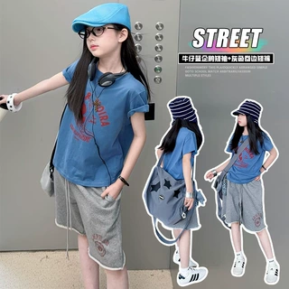 美式街头风冲浪企鹅印花短袖T恤女童2026夏季新款毛边短裤套装潮