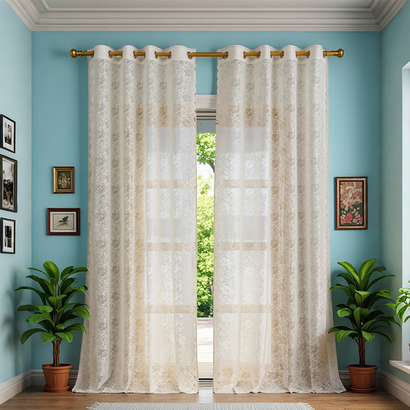 Tende in pizzo floreale in stile francese, bianche e trasparenti, per camera da letto e soggiorno, per creare atmosfera._voghion.com