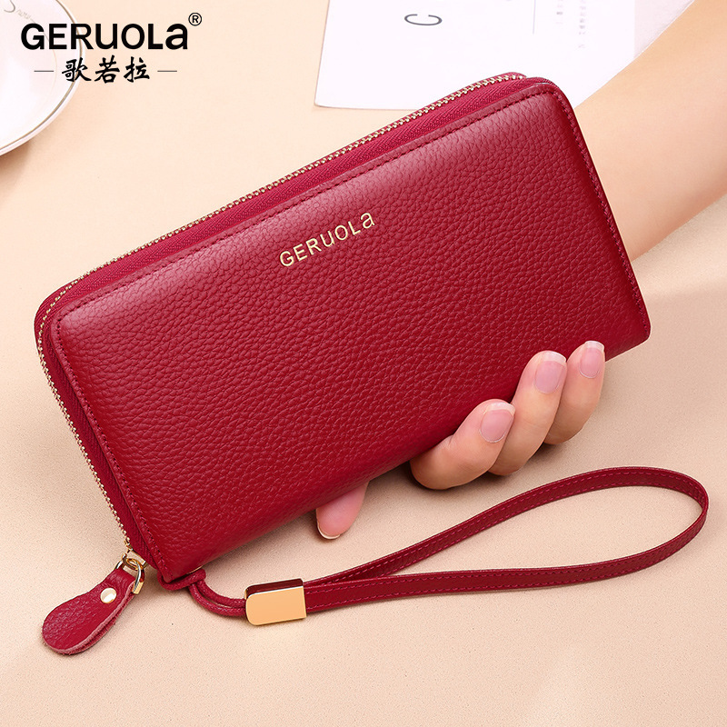 Cartera explosiva de comercio exterior para mujer cremallera larga simple y elegante bolso de mano de gran capacidad primera capa billetera de piel de vaca cuero