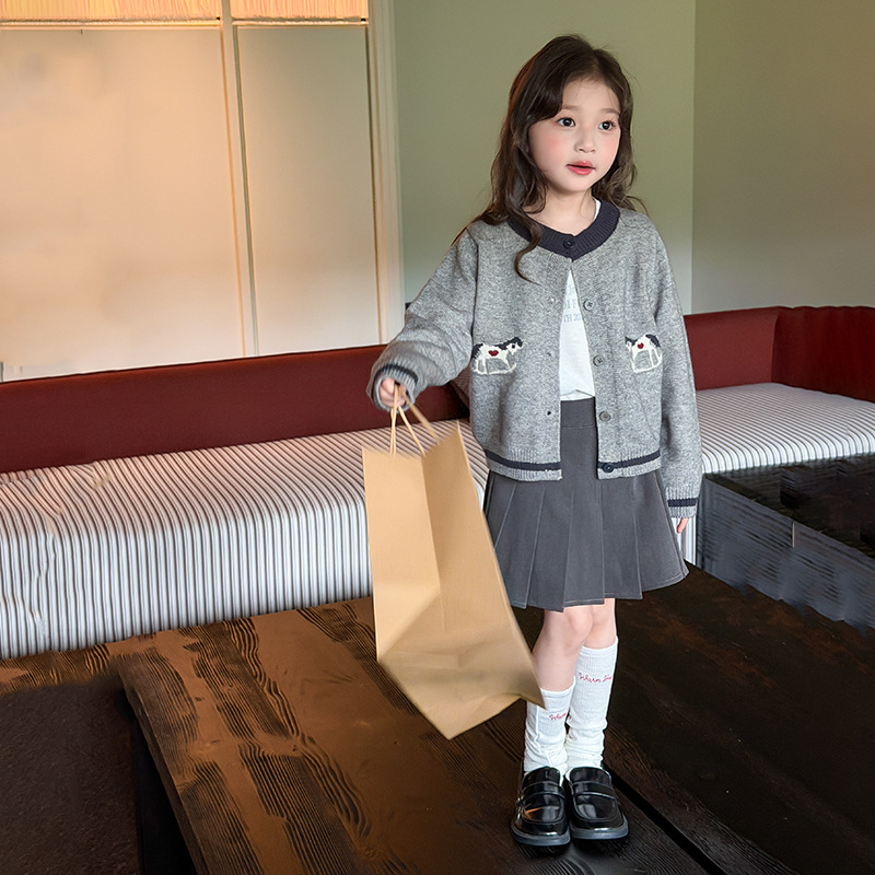Aimo Beibei Children's Casual Cartoon Pony Knit Top for Girls, Korean Style Color-Block Cartoon Cardigan Sweater Coat