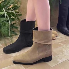 羊皮版韩国真皮方头复古堆堆靴女粗跟短靴小个子马丁靴西部牛仔靴