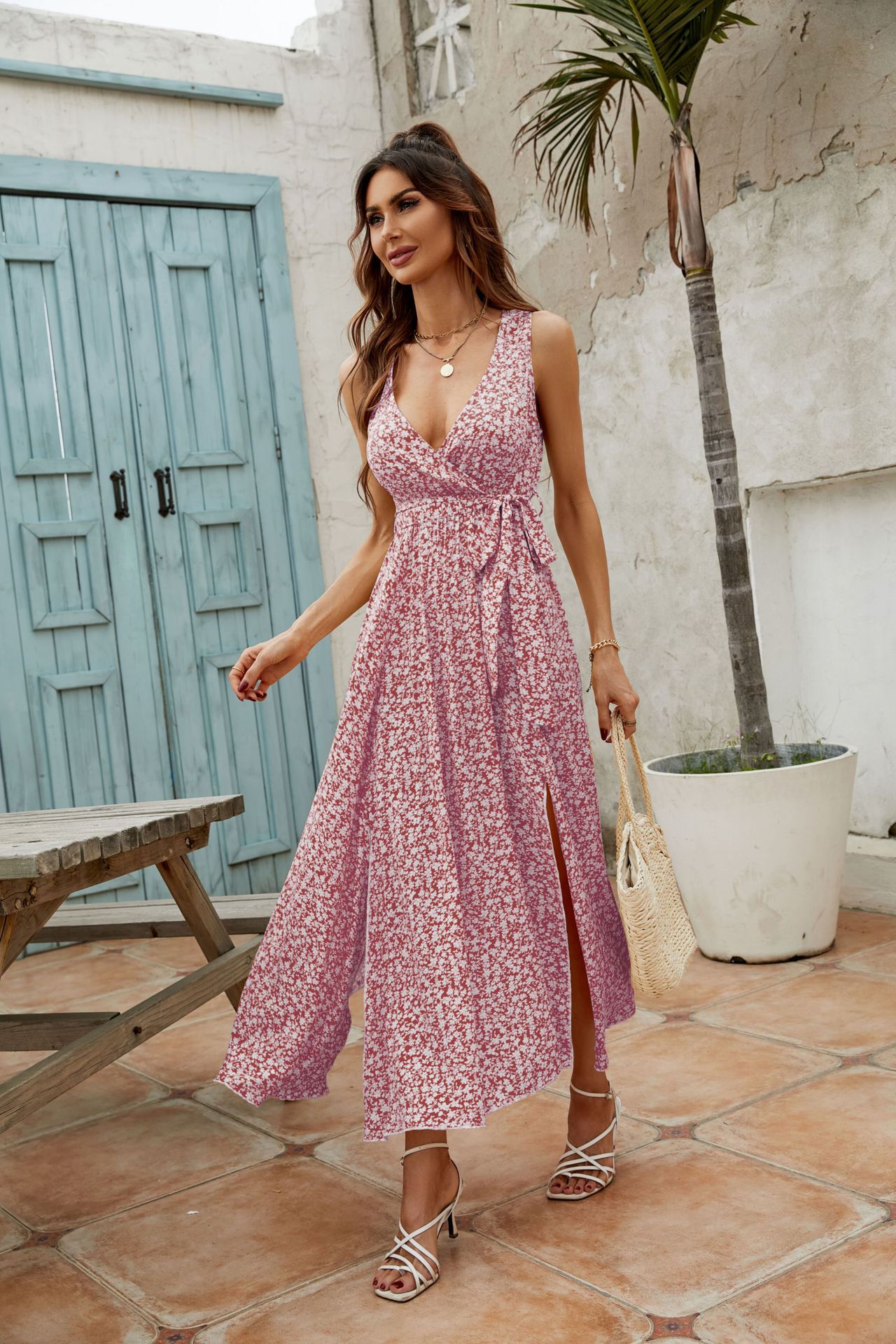 Femmes Robe Fendue Mode Col En V Impression Fente Sans Manches Petites Fleurs Maxi Longue Robe Du Quotidien display picture 4