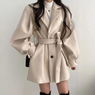Autumn and Winter Woolen Outwear Women's 2024 New Trendy Loose Mid-Length Nizi Outwear Small Black Windbreaker