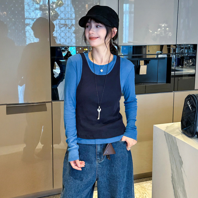 撞色吊带背心面膜T恤两件套上衣女欧洲站2025秋装新款欧货女装潮|undefined