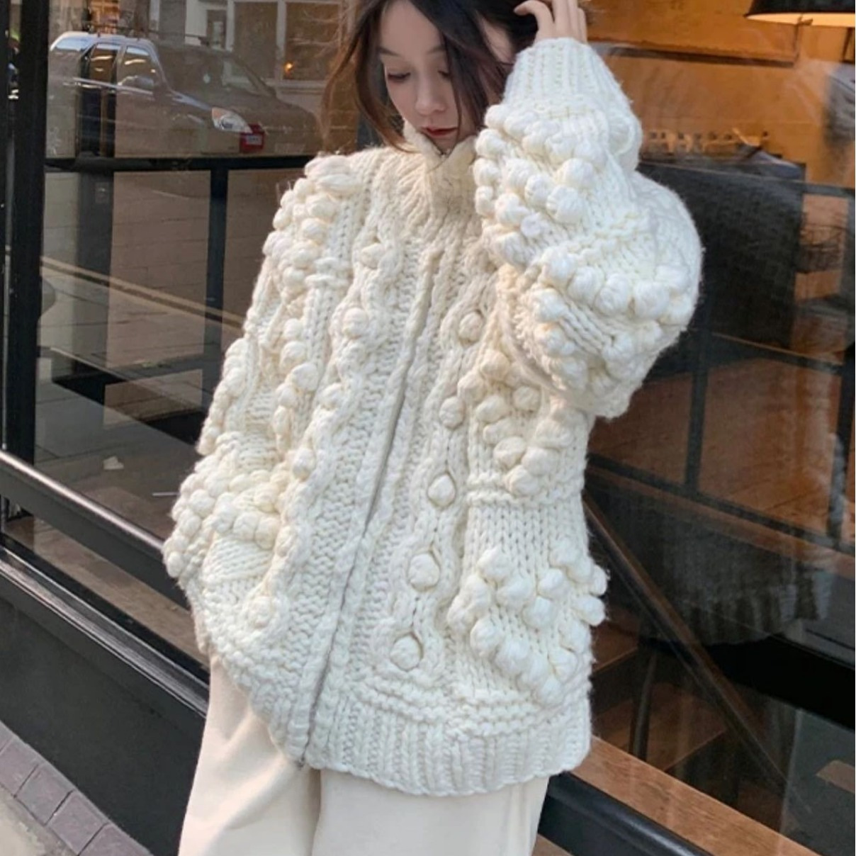 Autumn and Winter Design feeling lazy style loose thickened all-match turtleneck white handmade ball sweater coat knitted cardigan_voghion.com