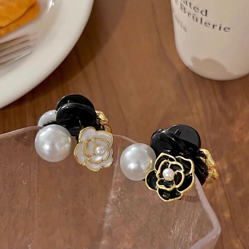 珍珠黑白山茶花小抓夹女发饰小巧半扎发发夹刘海侧边夹子发卡批发|undefined