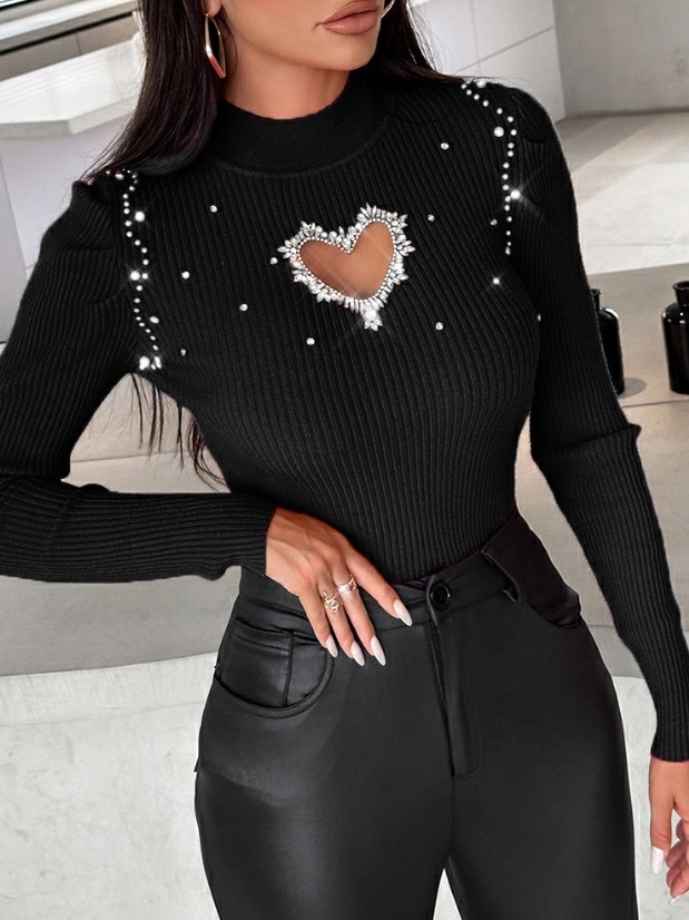 2023 Comercio exterior europeo y americano Ropa interior de mujer Otoño e Invierno medio cuello alto camisa de fondo con cuentas suéter delgado superior image 2