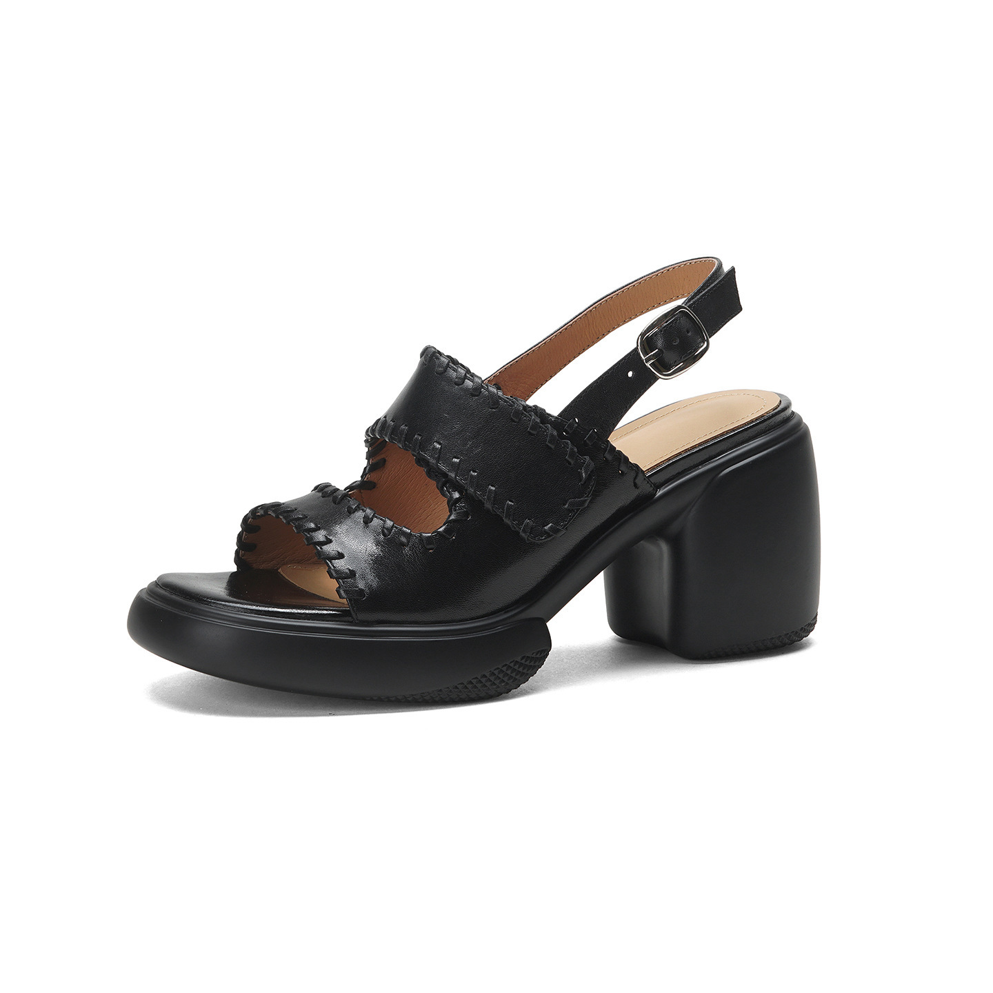 Sandal cao gót nữ hở mũi da bò gót vuông 8 cm đế dày — đen chi tiết 19