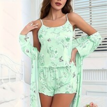 跨境吊带内衣外贸新款睡衣女三件套装春夏家居服工厂现货批发睡袍