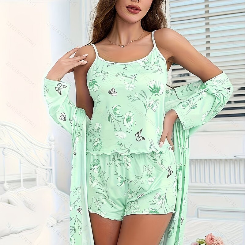 Cross-Border Sling-Style Lingerie, New Foreign Trade Pajamas, Women's Three-Piece Set, Spring and Summer Loungewear, Factory Wholesale In-Stock Sleepwear