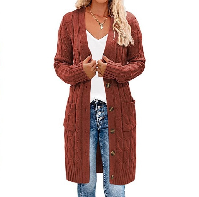 Comercio exterior transfronterizo Amazon otoño y invierno nuevo suéter de punto largo de torsión de botón de color sólido para mujeres cardigan chaqueta image 8