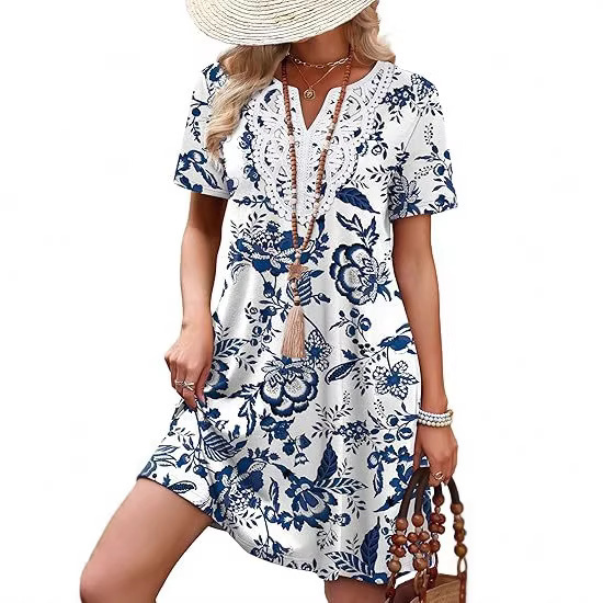 2026 European and American Cross-Border Summer New Women's Beach Print Casual V-Neck Short-Sleeve Slim-Fit Dress 2026 European and American Cross-Border Summer New Women's Beach Print Casual V-Neck Short-Sleeve Slim-Fit Dress