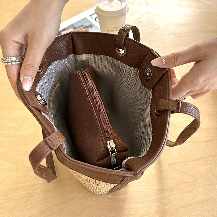 Cross-Border Straw Woven Bag For Women - Vacation Beach Casual Versatile French Retro Market Basket Shoulder Bag Fashion Woven Handbag - Thumbnail 4