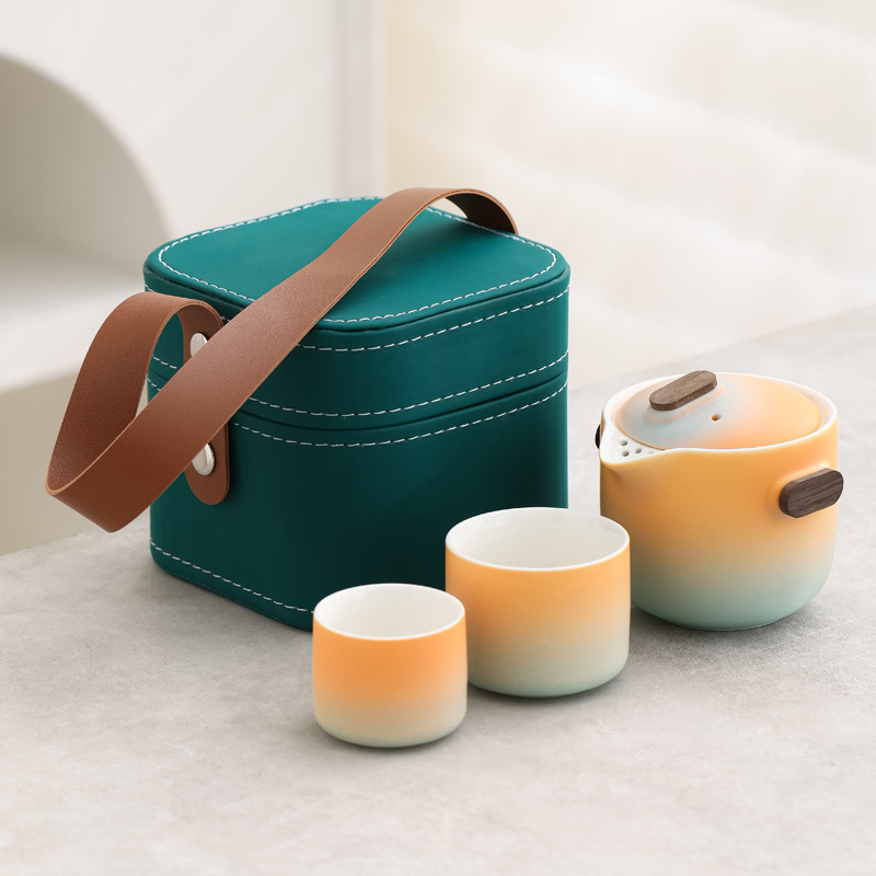 Juego de Té de Viaje de Cerámica Portátil con Color Degradado para Camping y Picnic