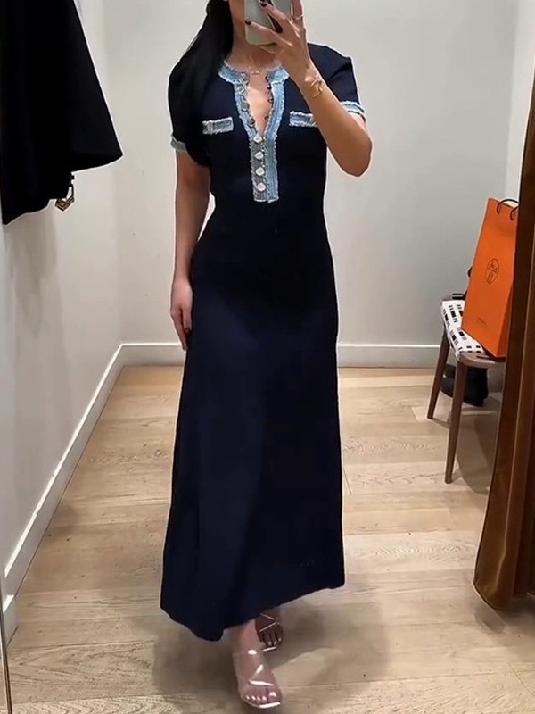 Qadın üçün yay donu - denim patchwork, düyməli, uzun trikotaj