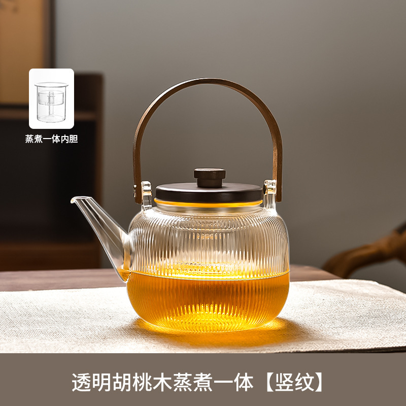 批发高硼硅玻璃茶壶胡桃木盖子泡茶壶一件代发竖条纹提梁壶煮茶器|undefined