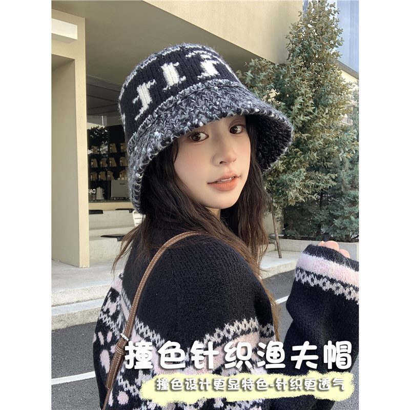 2025 Autumn and Winter New Cold-Proof and Warm Wide-Brimmed Face-Showing Small Knitted Fisherman Hat for Women with Simple Letters and Versatile Trend