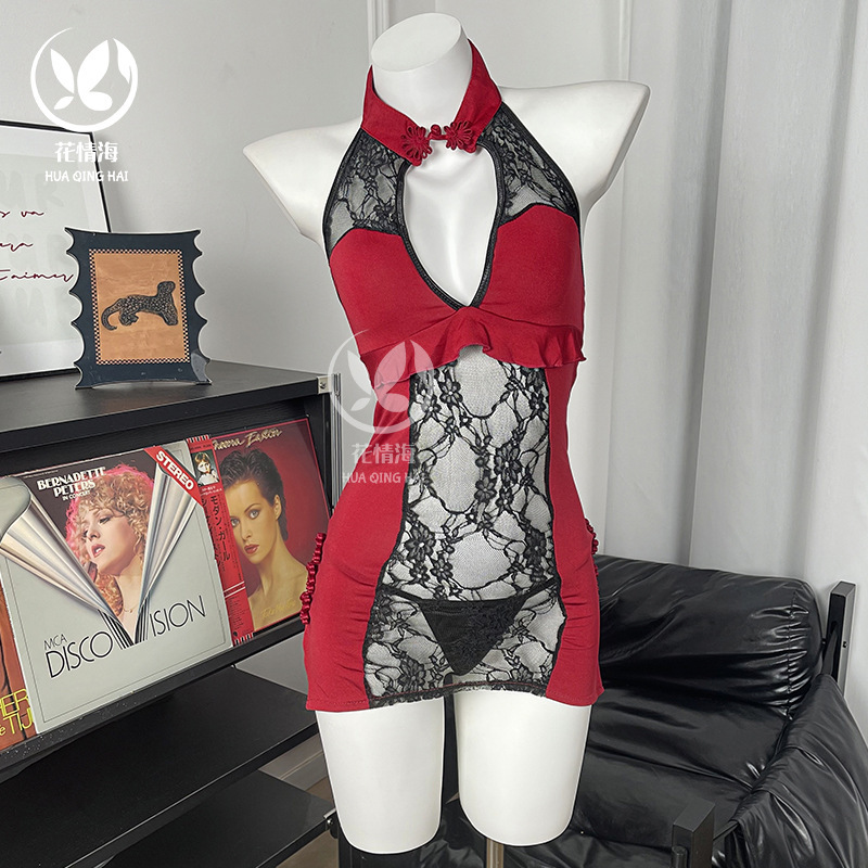 Floral Romance Sexy Lingerie Pure Desire Style Romantic Lace Hollow Out Side Slit Cheongsam Uniform See-Through Set for Women A199 Floral Romance Sexy Lingerie Pure Desire Style Romantic Lace Hollow Out Side Slit Cheongsam Uniform See-Through Set for Women A199