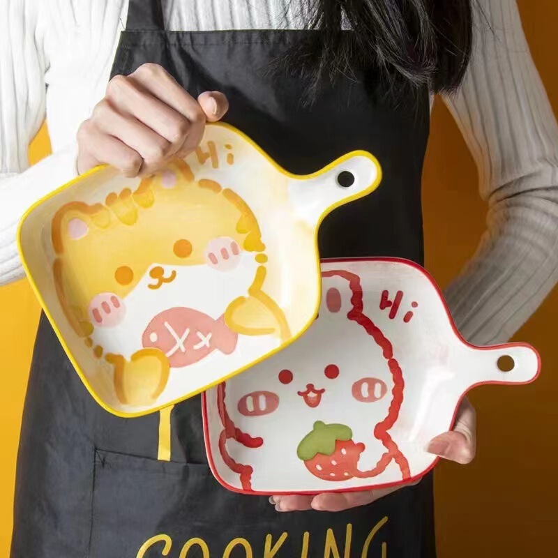 Underglaze Color Cartoon Handle Plate Ceramic Plate Microwave Cute Plate Household Baking Cheese Baked Rice Baking Tray Special Use Underglaze Color Cartoon Handle Plate Ceramic Plate Microwave Cute Plate Household Baking Cheese Baked Rice Baking Tray Special Use