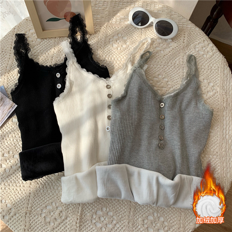 Autumn and Winter Velvet Vest Women's Threaded Warm Sling High Elastic All-match V-neck Lace Inner Wearing Outer Wearing Underwear