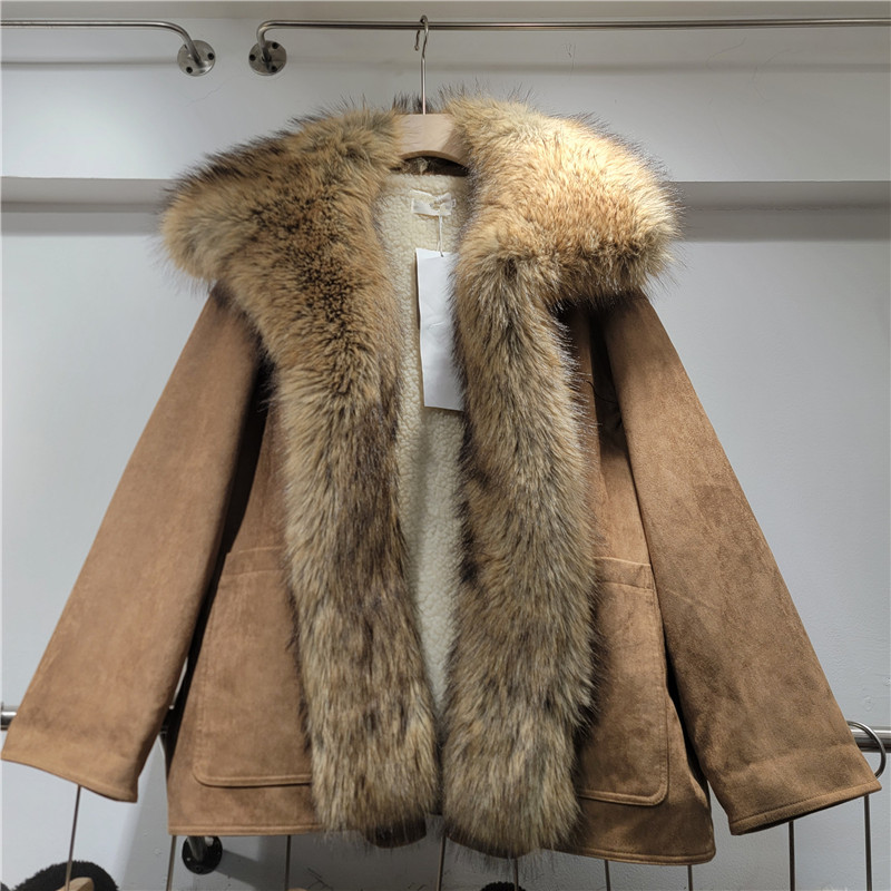American brown gamuza abrigo de algodón abrigo de piel de mujer una sola sola solapa exterior abrigo de piel gruesa cálida image 1