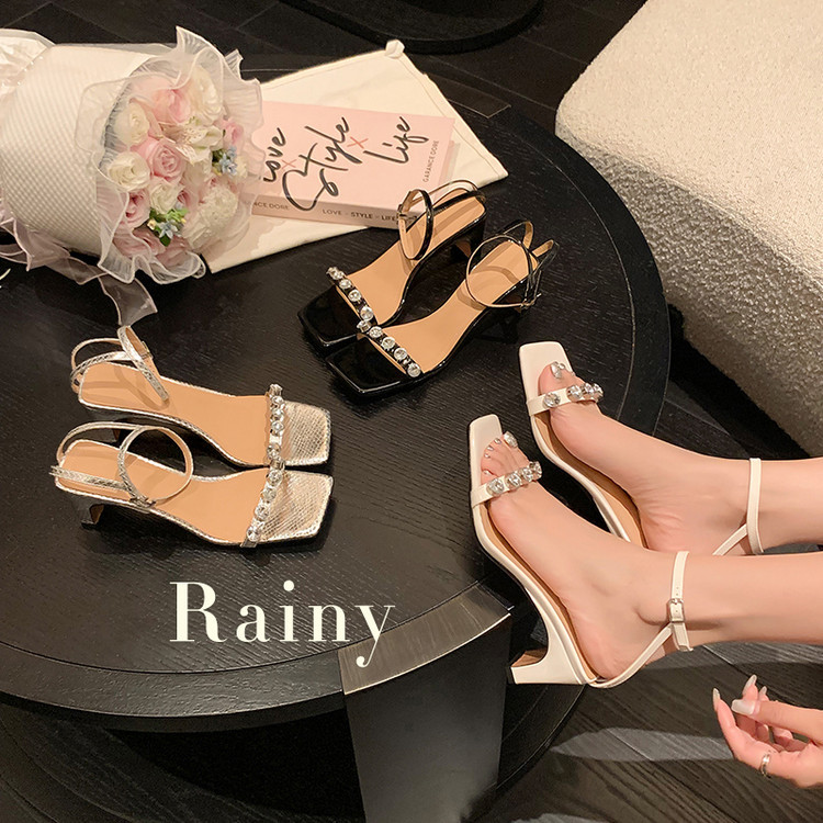 Sandal nữ quai ngang mũi vuông gót vuông đính đá rhinestone mùa hè 2025 — Màu đen, Màu trắng, Màu bạc chi tiết 11