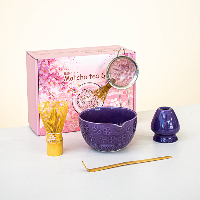 日本製抹茶茶器セット 桜ボウル 注ぎ口付き 8点セット フルセット カラーボックス ピンク付き|undefined