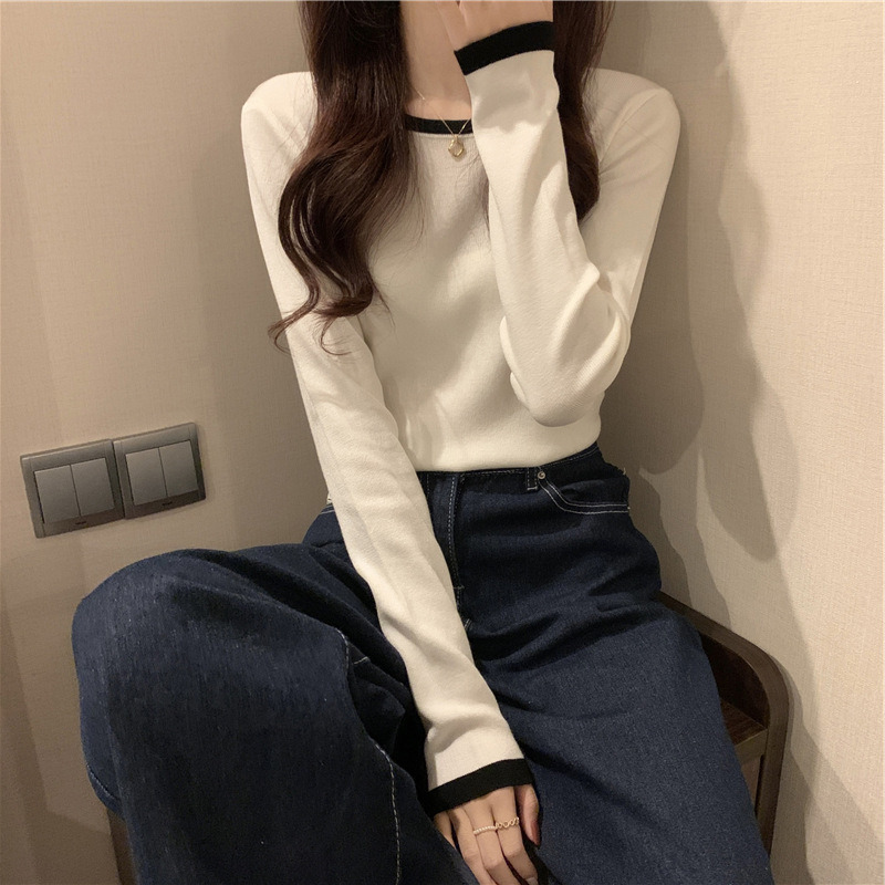 圆领撞色修身长袖恤女西装内搭打底衫春秋薄款2025新款正肩上衣|undefined