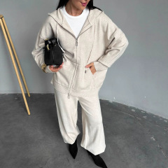 欧美2025时尚女装针织开衫毛衣=直筒长裤两件套纯色休闲秋冬套装