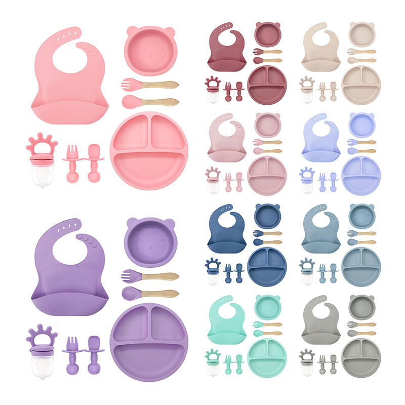 Nuevos cubiertos de silicona para madres y bebés de ocho piezas, cubos de oso, cubiertos de grado alimenticio, fábrica transfronteriza en stock directo