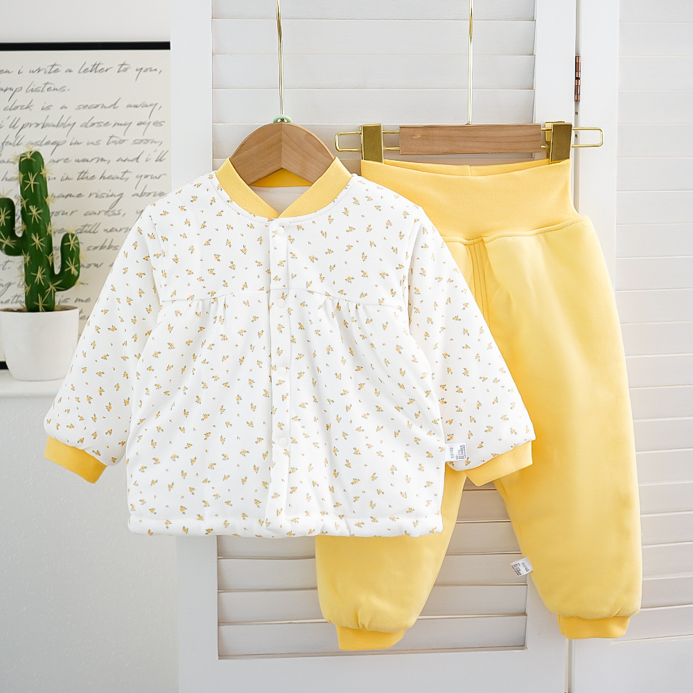 Yellow floral solid color pants-cotton high waist suit