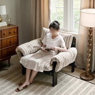 French Retro Single Sofa Chair Antique Living Room Cotton Linen Detachable and Washable Lazy Leisure Chair Striped Lazy Sofa