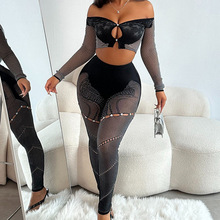 欧美跨境爆款现货高弹镂空夜店舞台俱乐部派对女装性感渔网女套装