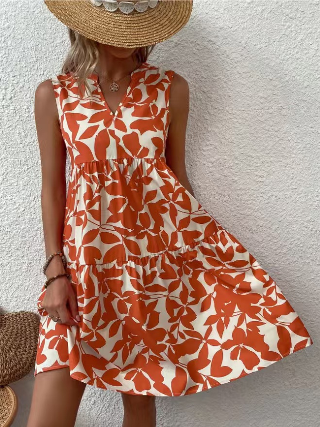 Women's Clothing Women's V Neck Sleeveless Dress Summer Fashion Printed Dress For Formal & Casual For Women_ecoleips.com