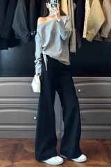 高个子加长美式阔腿牛仔裤女春秋新款高腰黑色宽松直筒拖地裤子潮