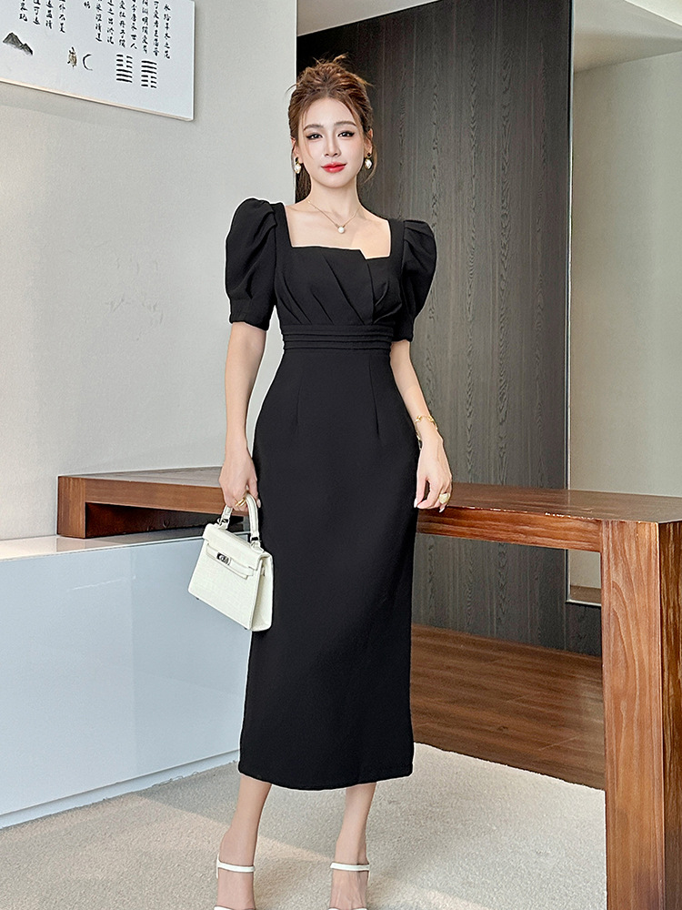Đầm maxi nữ thắt eo phong cách Pháp cổ điển thiết kế xếp ly — màu đen