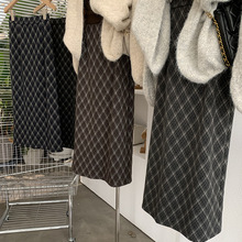 欧玛莱 复古菱形格子毛呢半身裙女秋季新款高腰直筒中长款裙 4673