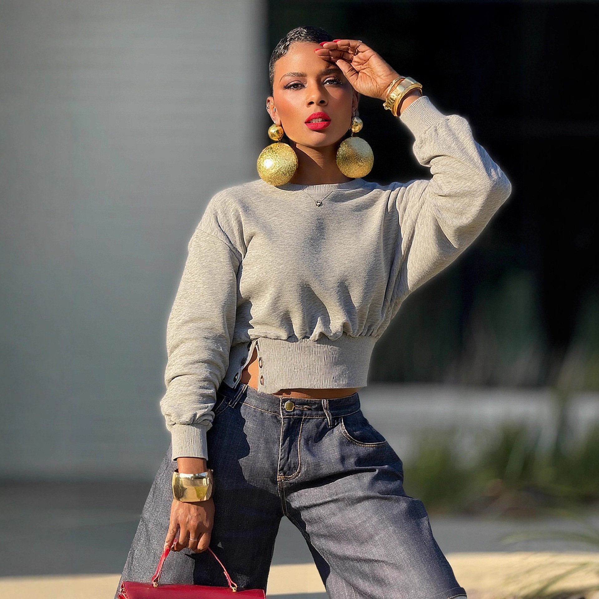 Cropped Side-Button Ribbed Sweatshirt – 2025 New Arrival Slim-Fit Round Neck Pullover, Casual Streetwear For Women (Grey, S-XXL)_voghion.com