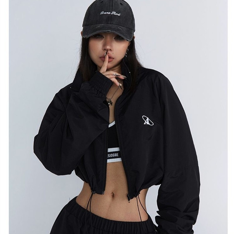 American retro thin stand collar sun protection clothing short coat Women's Jazz dance outer wear waist-tight quick-drying sports windproof jacket American retro thin stand collar sun protection clothing short coat Women's Jazz dance outer wear waist-tight quick-drying sports windproof jacket