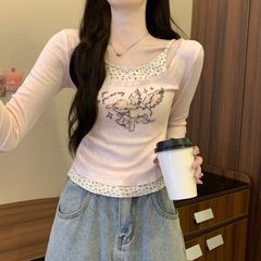 【月銷10萬】假兩件天使印花t恤長袖蕾絲拼接碎花修身外穿短上衣