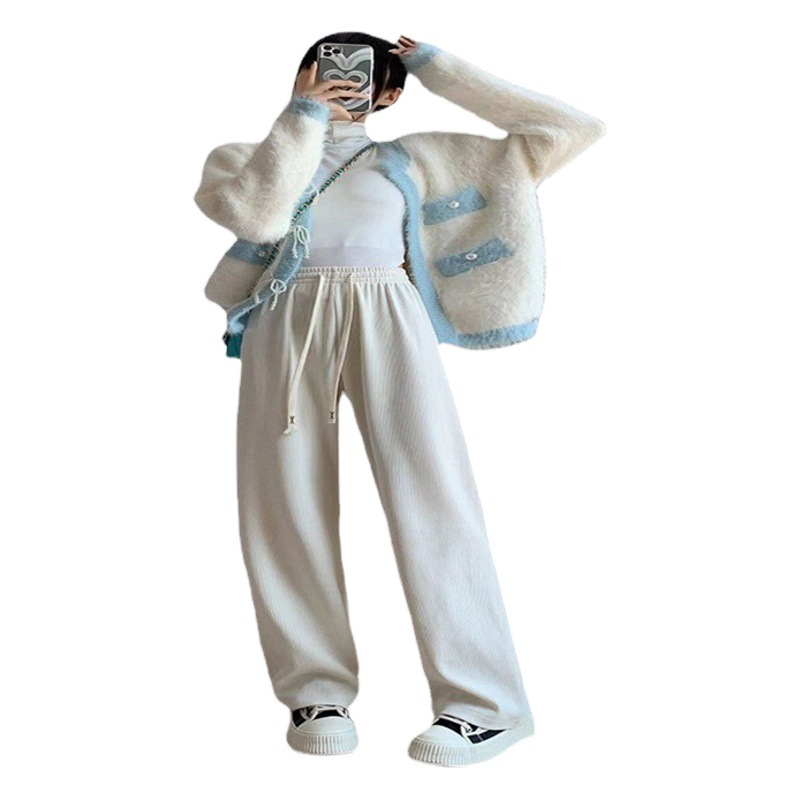 ハイウエスト小柄さん向けカジュアルパンツ コーデュロイワイドパンツ レディース 冬用 ドレープパンツ 着痩せパンツ ゆったりストレートパンツ