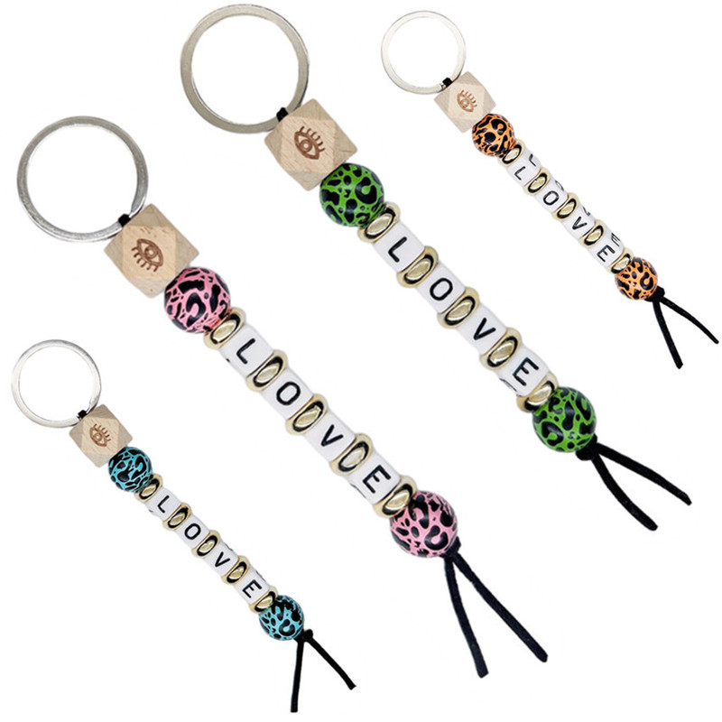 Cross-border New Etsy Leopard Wood Beads Keychain LOVE Letter Beads Couple Keychain Pendant Valentine's Day Gift