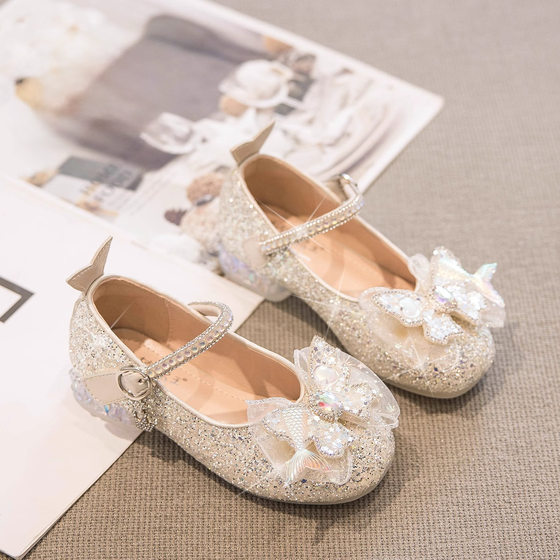 Girls Princess Shoes 2024 New Children's Shoes Baby Leather Shoes Girls Crystal Shoes Children High Heels 2-11 Years Old Soft Sole