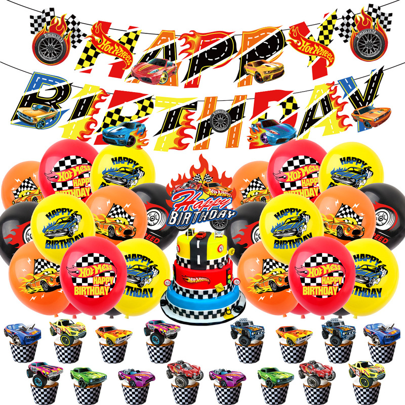HOT Wheels Racing Theme Birthday Party HOT WHEEL flag balloon cake insert decoration set