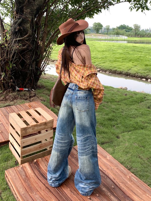 美式重工水洗牛仔裤女2025年秋季新款高腰宽松显瘦直筒阔腿拖地裤|undefined