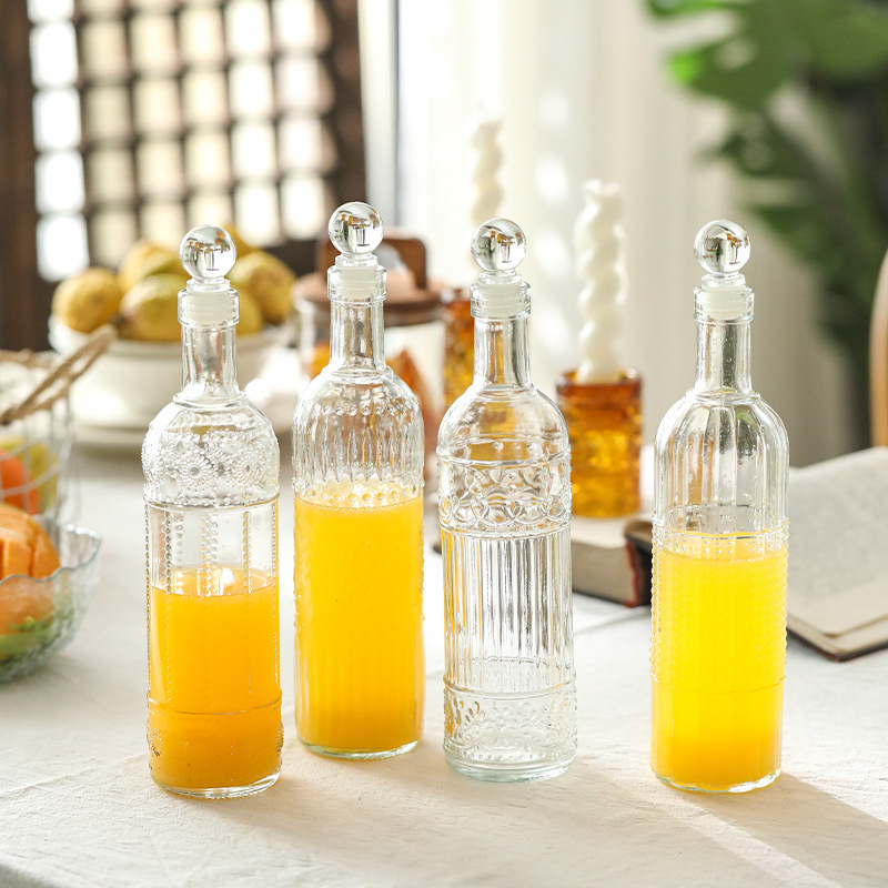 500ml透明浮雕玻璃瓶家用商用酱油醋饮料奶茶分装空瓶现货批发
