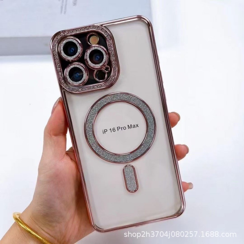 アップルiPhone16の新しいサイドドリル磁気吸引携帯電話15メッキフラッシュ粉14promax保護カバーを適用|undefined