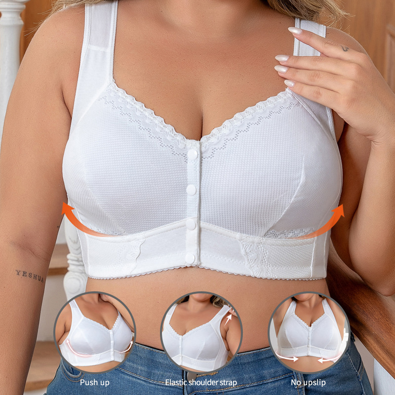 Soft Cotton Thin Cup Extra Large Size Front Buckle Middle-Aged and Elderly Women's Lace Wireless Vest-Style Bra with Breast Pads