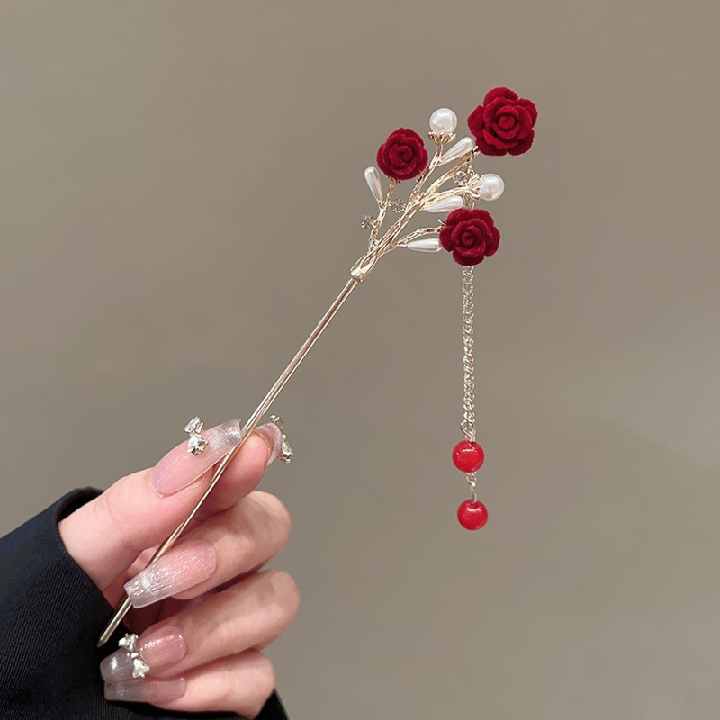 Red Chinese hairpin pearl with tassels