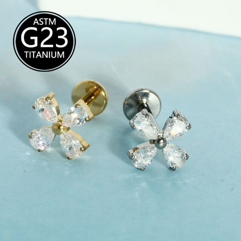 G23 Titanium Piercing Jewelry Flower Inlaid with Diamonds and Zircon Lip Ring Labret Stud Ear Cartilage Stud detail image 5